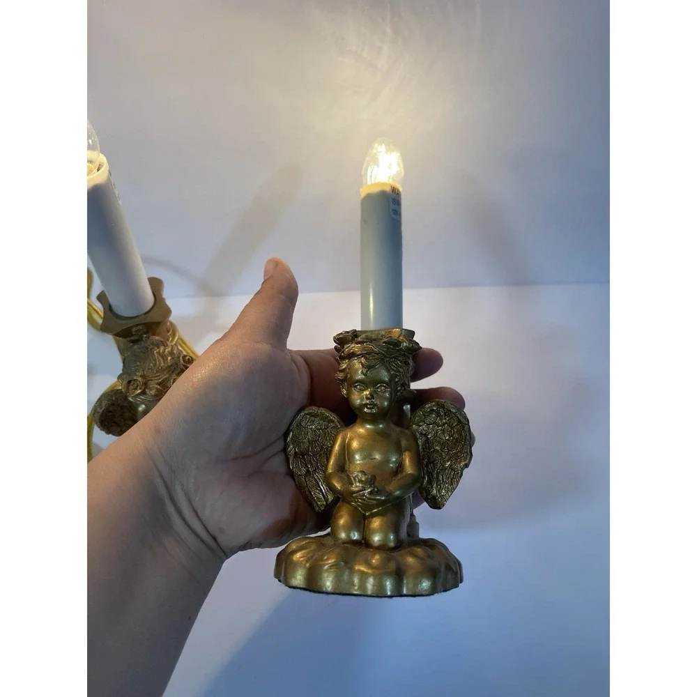 2 Vintage Angel Cherub Electric Candle Lamps Gold Tone‎ Working